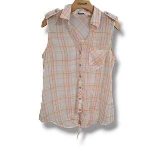 Reitmans women's multicolor sleeveless semi-sheer tie front button blouse